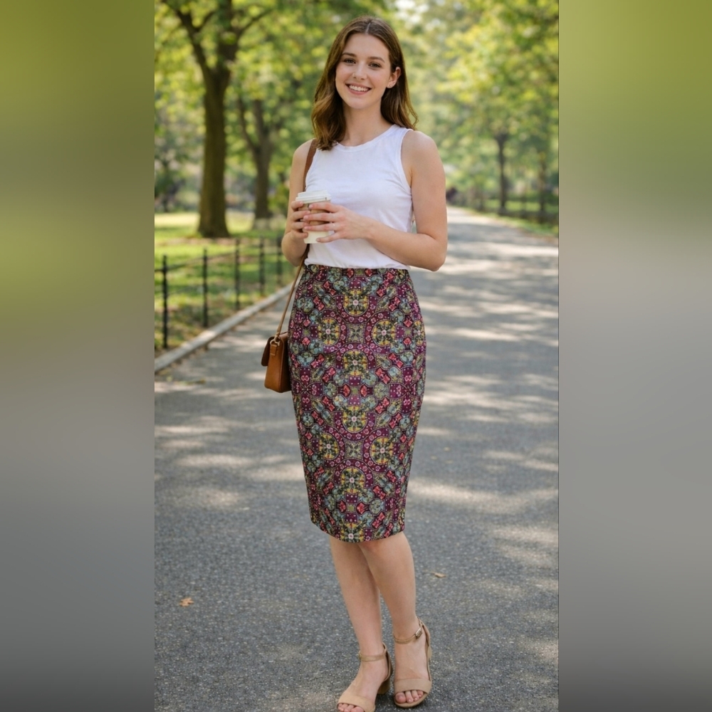 LulaRoe Midi Pencil Tube Skirt Art Deco Floral Aqua Pink Purple Size Large